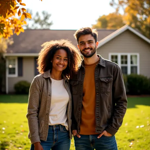 woman and man standing in front of a home.