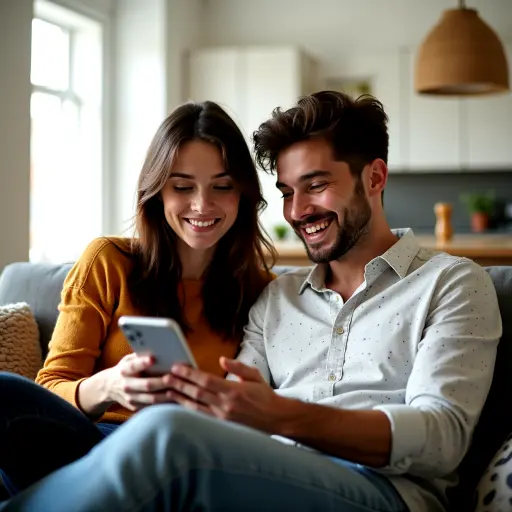 man and woman on couch looking at cell phone